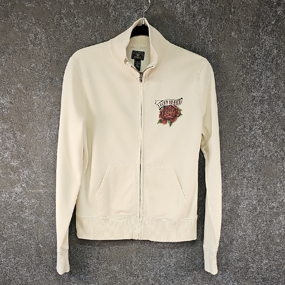 Vtg Lucky Brand Full Zip Sweatshirt Jacket, Peony Tattoo Art, Ivory, Sz L, NEW